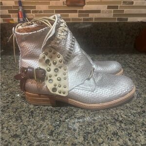 A.S.98 Silver snake print metallic silver  studded Ankle Boots